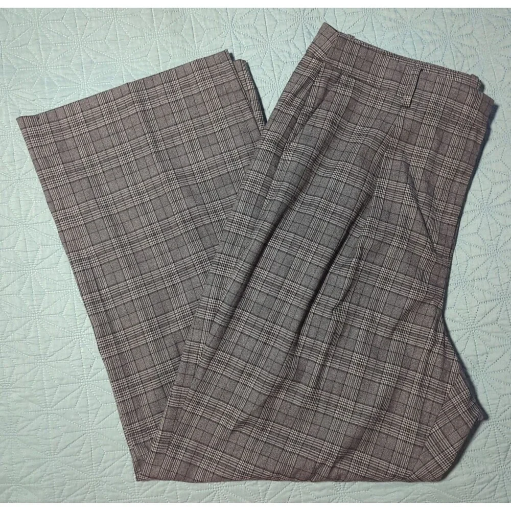 J.Crew Grey Glen Plaid Wide Leg Trousers High Rise Women's 16 W38 L29 Business